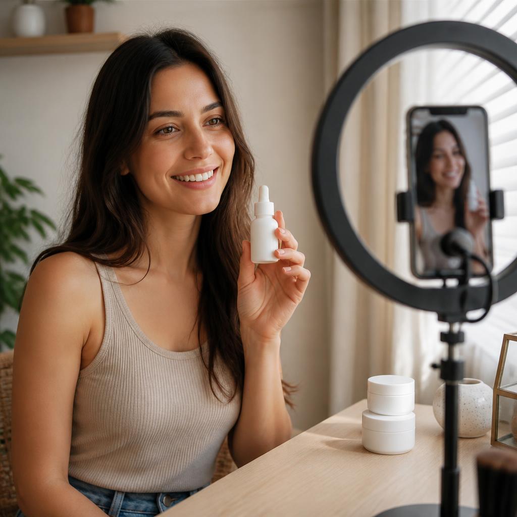 Creator filming user-generated content with a ring light while holding a skincare serum bottle