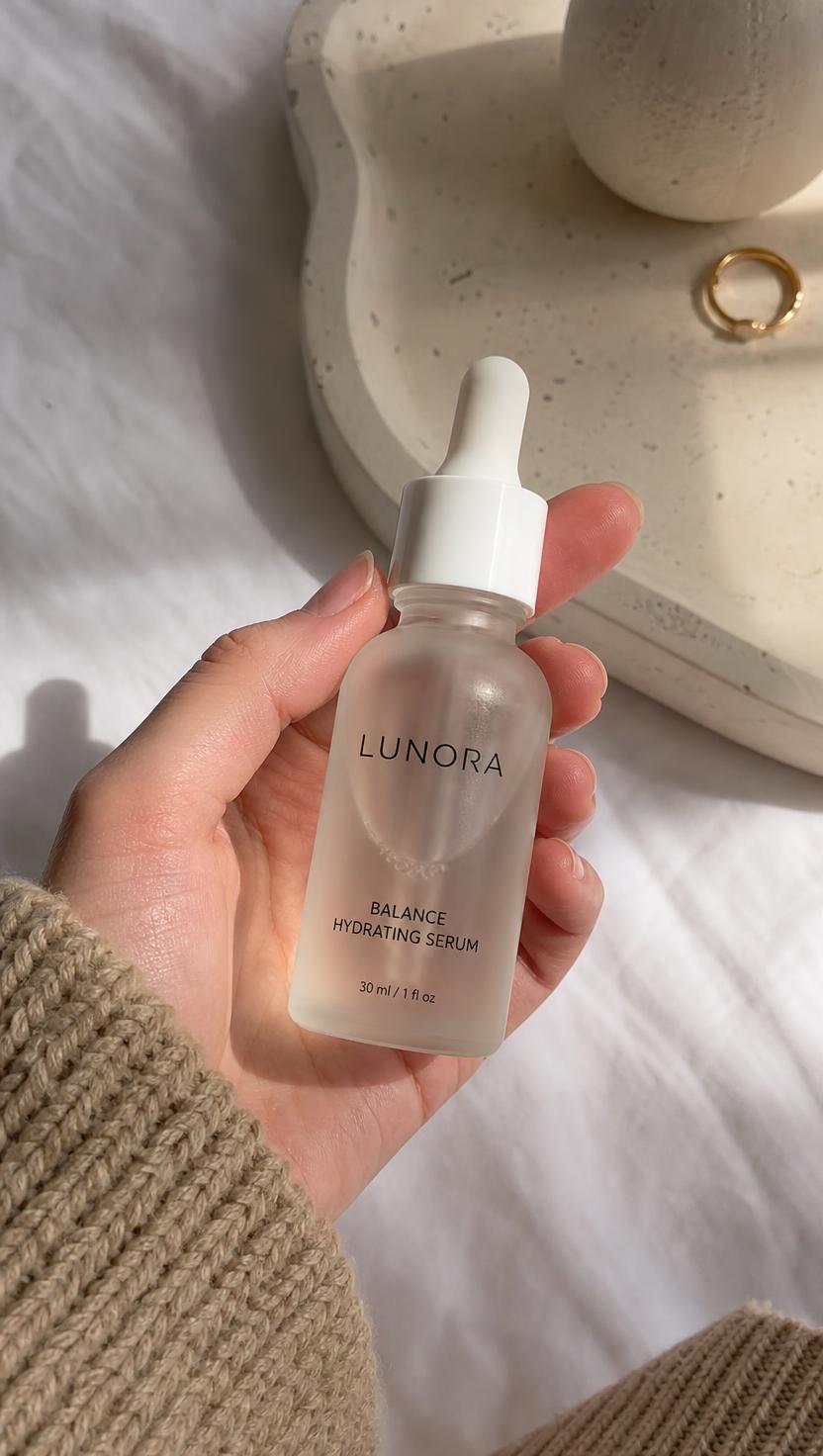 Creator holding a LUNORA Balance Hydrating Serum bottle in natural daylight